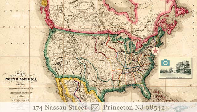 Antique map of North America, our location marked.