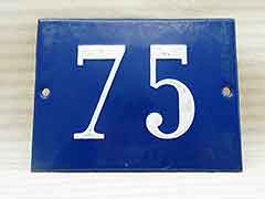 Product photo #100_2586 of SKU 21001116 (Antique No. 75 House Number, White + Blue Porcelain Sign)
