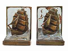 Tall Ship + Lighthouse 1920s Pompeian Bronze Antique Bookends