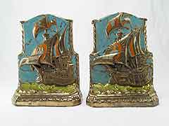 Mayflower Galleon Ships 1920s Galvano Bronze Antique Bookends
