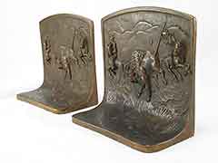 “Buffalo Hunt” Bison 1920s Solid Bronze Antique Bookends