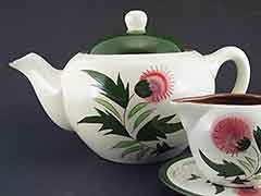 Product photo #100_8640 of SKU 21004008 (STANGL USA 1950s Thistle Teapot, plus Creamer & Coaster)