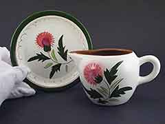 Product photo #100_8653 of SKU 21004008 (STANGL USA 1950s Thistle Teapot, plus Creamer & Coaster)