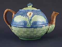 Majolica 1800s Teapot, Primitive Earthenware, Bamboo Flower & Leaves Motif