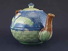 Product photo #100_8661 of SKU 21004009 (Majolica 1800s Teapot, Primitive Earthenware, Bamboo Flower & Leaves Motif)