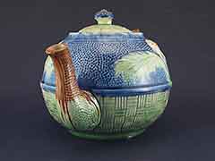 Product photo #100_8662 of SKU 21004009 (Majolica 1800s Teapot, Primitive Earthenware, Bamboo Flower & Leaves Motif)