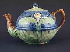 Product photo #100_8663 of SKU 21004009 (Majolica 1800s Teapot, Primitive Earthenware, Bamboo Flower & Leaves Motif)