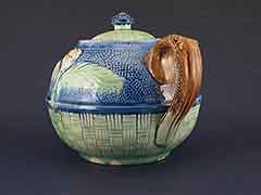 Product photo #100_8664 of SKU 21004009 (Majolica 1800s Teapot, Primitive Earthenware, Bamboo Flower & Leaves Motif)