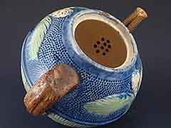 Product photo #100_8666 of SKU 21004009 (Majolica 1800s Teapot, Primitive Earthenware, Bamboo Flower & Leaves Motif)