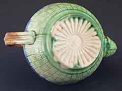 Product photo #100_8667 of SKU 21004009 (Majolica 1800s Teapot, Primitive Earthenware, Bamboo Flower & Leaves Motif)