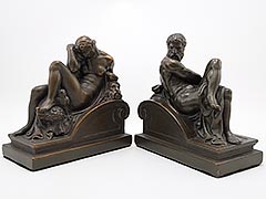 “Night and Day” 1920s Armor Bronze Bookends Michelangelo